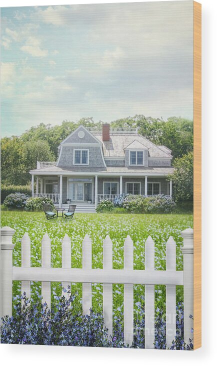Atmosphere Wood Print featuring the photograph Summer cottage and white picket fence with flowers by Sandra Cunningham