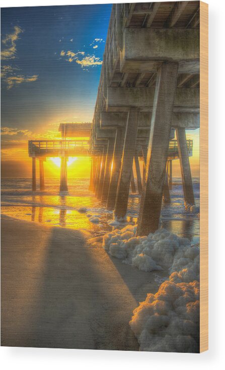 Reid Callaway Tybee Island Sunrise Wood Print featuring the photograph Sun Block Tybee Island Pier by Reid Callaway