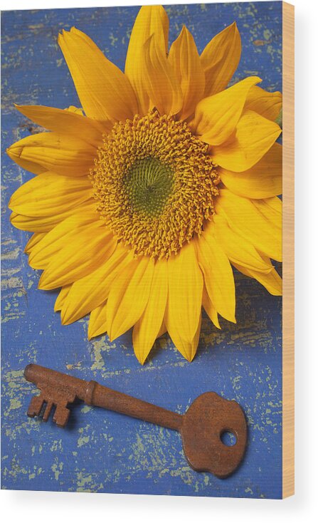 Sunflower Wood Print featuring the photograph Sunflower and skeleton key by Garry Gay