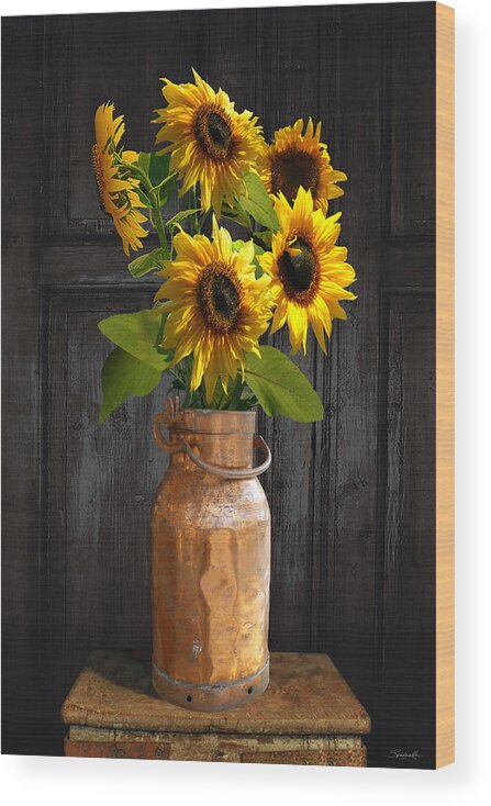 Sunflower Wood Print featuring the digital art Sunflowers in Copper Milk Can by M Spadecaller