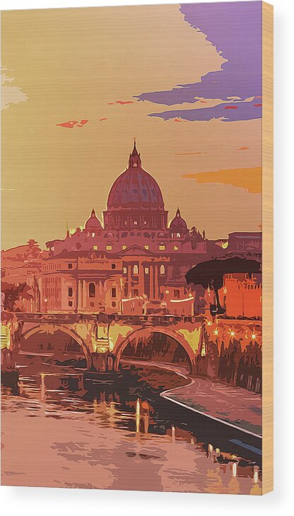Italy Wood Print featuring the painting Sunset on Rome the Eternal City by AM FineArtPrints