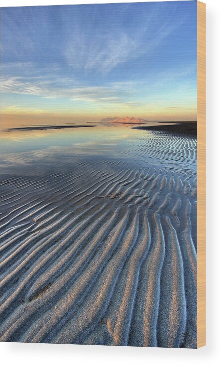 Landscape Wood Print featuring the photograph Sunset Ripples and Antelope Island by Brett Pelletier