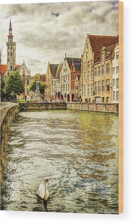 House Wood Print featuring the photograph Swan on a Bruges canal - Vintage by Weston Westmoreland