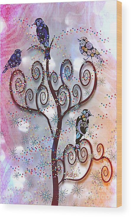 Vector Birds Wood Print featuring the digital art Swirl Rainbow Tree by Kim Prowse
