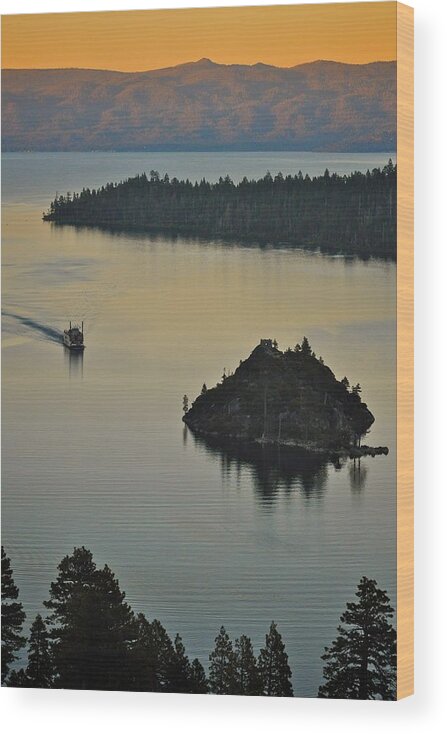 Tahoe Queen Wood Print featuring the photograph Tahoe Queen steaming into Emerald Bay by Matt MacMillan