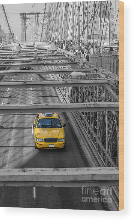 Cab Wood Print featuring the photograph Taxi on the Brooklyn bridge by Patricia Hofmeester