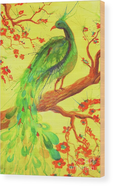 Bird Wood Print featuring the painting The Auspicious Peacock by Angelique Bowman