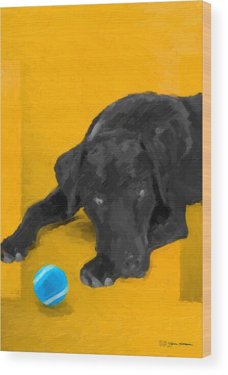 ‘the Dog Park’ Collection By Serge Averbukh Wood Print featuring the digital art The Dog Park - Black Labrador Retriever over Yellow Canvas by Serge Averbukh