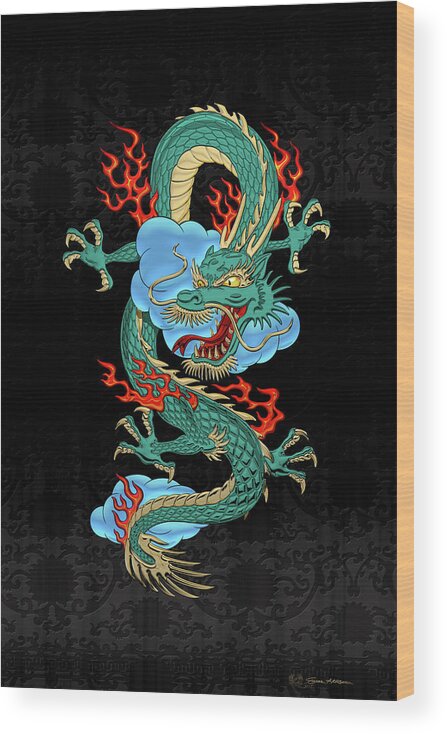 'treasures Of China' Collection By Serge Averbukh Wood Print featuring the digital art The Great Dragon Spirits - Turquoise Dragon on Black Silk by Serge Averbukh