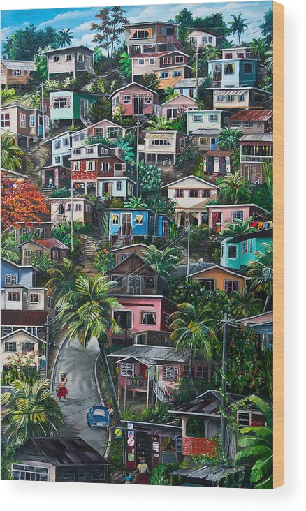  Landscape Painting Cityscape Painting Houses Painting Hill Painting Lavantille Port Of Spain Painting Trinidad And Tobago Painting Caribbean Painting Tropical Painting Caribbean Painting Original Painting Greeting Card Painting Wood Print featuring the painting THE HILL   Trinidad by Karin Dawn Kelshall- Best