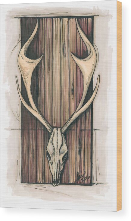 Deer Red Deer Skull Skeleton Hannibal Mads Mikkelsen Hannibal Lecter Anthony Hopkins Silence Of The Lambs Red Dragon Hunting Hunter Death Dead Kill Killer Fantasy Wood Wooden Door Plank Boards Lumber Wood Print featuring the drawing The Mute by Krista Payne