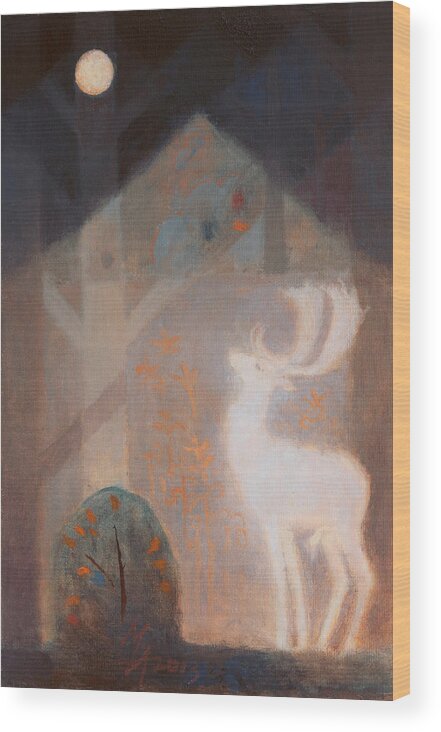 Deer Wood Print featuring the painting The Night of the White Fallow Deer by Attila Meszlenyi