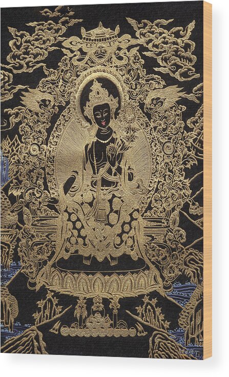 'treasures Of Tibet' Collection By Serge Averbukh Buddha Wood Print featuring the digital art Tibetan Thangka - Maitreya Buddha by Serge Averbukh