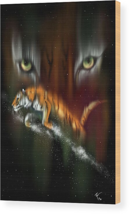 Tiger Wood Print featuring the digital art Tiger, Tiger Burning Bright by Norman Klein