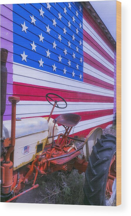 Tractor Wood Print featuring the photograph Tractor And Large Flag by Garry Gay