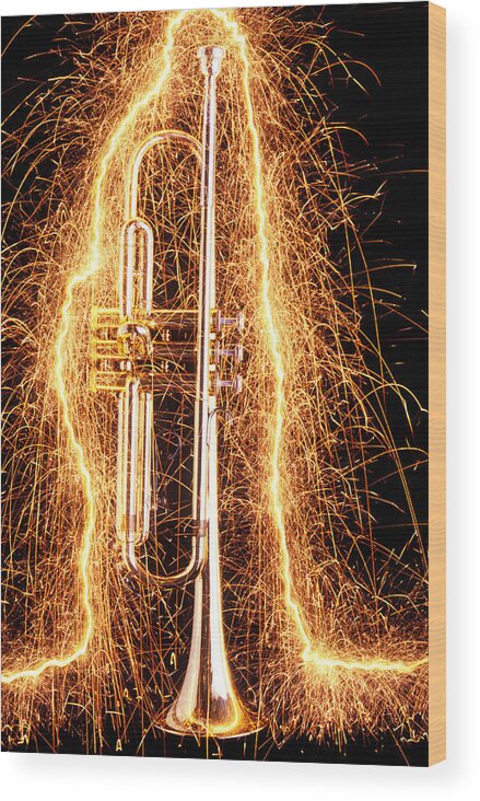 Trumpet Wood Print featuring the photograph Trumpet outlined with sparks by Garry Gay