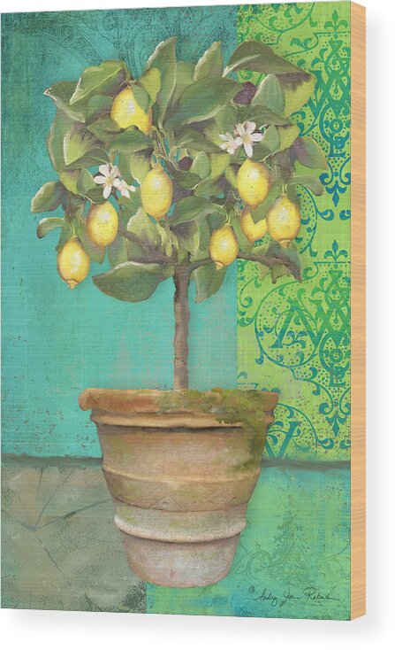 Tuscan Wood Print featuring the painting Tuscan Lemon Topiary - Damask Pattern 1 by Audrey Jeanne Roberts