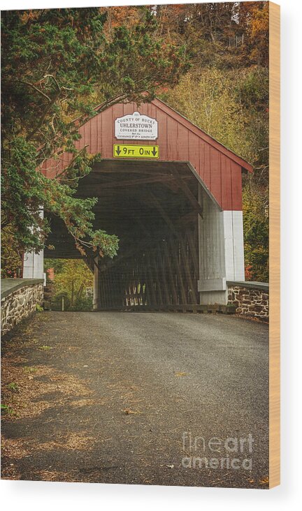 (day Or Daytime); (dirt Road Or Dirt Path); (scenery Or Scenic); (serene Or Serenity); Ambiance; Antique; Atmospheric; Autumn; Autumn Leaves; Bridge; Bucks County; Charming; Classic; Colorful; Colourful; Countryside; Covered Bridge; Fall; Fall Foliage; Foliage; Historic; Idyllic; Nostalgic; Old; Orange; Outdoors; Peaceful; Pennsylvania; Placid; Quaint; Quiet; Romantic; Rural; Rural Road; Rustic; Tranquil; Trees; Weathered; Wood; Yellow Wood Print featuring the photograph Uhlerstown Bridge II by Debra Fedchin