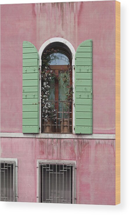 Venice Wood Print featuring the photograph Venice Window in Pink and Green by Brooke T Ryan