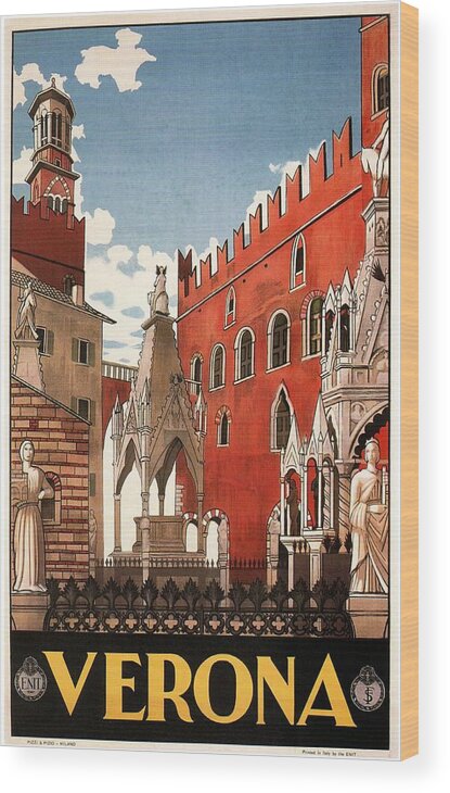 Verona Wood Print featuring the mixed media Verona, Italy - Building and monuments - Retro travel Poster - Vintage Poster by Studio Grafiikka