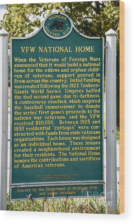 Vfw National Home Wood Print featuring the photograph VFW National Home Michigan Historical Site Sign by Grace Grogan