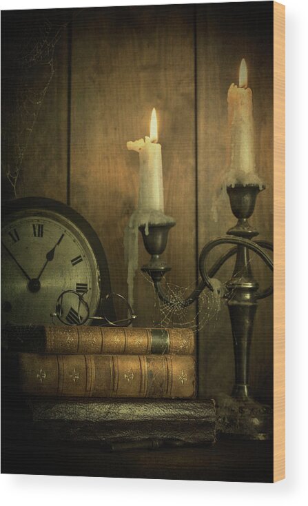 Vintage Wood Print featuring the photograph Vintage Books With Candles And An Old Clock by Ethiriel Photography