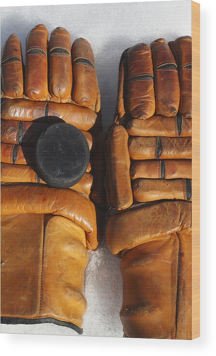 Sport Wood Print featuring the photograph Vintage ice hockey gloves by Ulrich Kunst And Bettina Scheidulin