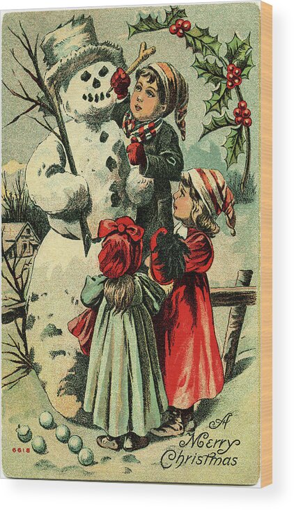 Christmas Wood Print featuring the painting Vintage Snowman and Children by Artist Unknown