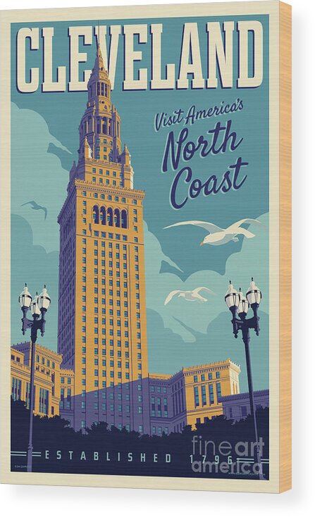 Cleveland Wood Print featuring the digital art Cleveland Poster - Vintage Style Travel by Jim Zahniser