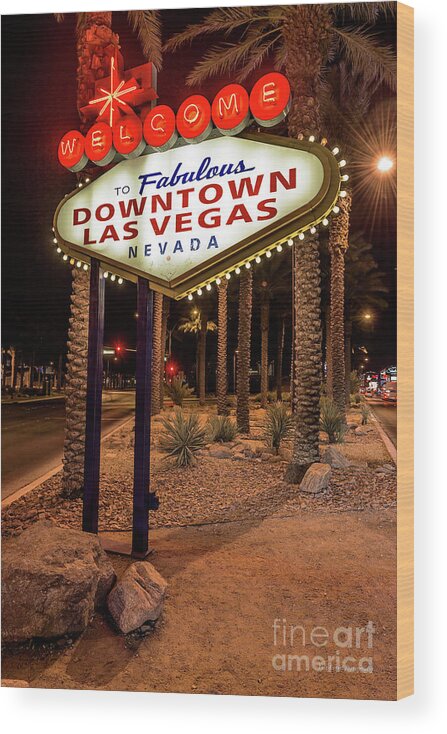 Welcome To Downtown Las Vegas Sign Wood Print featuring the photograph R.I.P. Welcome to Downtown Las Vegas Sign at Night by Aloha Art