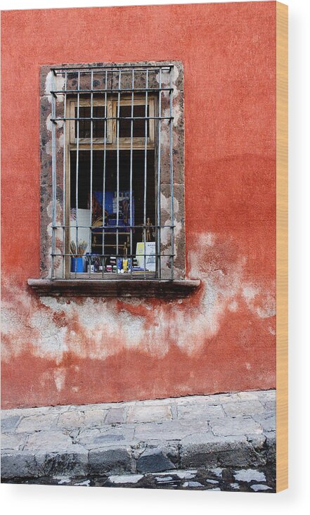 San Miguel De Allende Wood Print featuring the photograph Window on Red Wall San Miguel de Allende, Mexico by Carol Leigh
