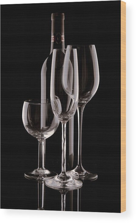 Wine Wood Print featuring the photograph Wine Bottle and Wineglasses Silhouette by Tom Mc Nemar