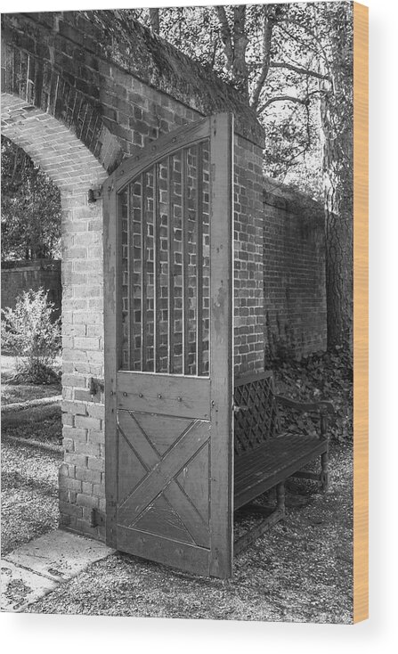 Colonial Williamsburg Wood Print featuring the photograph Wooden Garden Door B W by Teresa Mucha