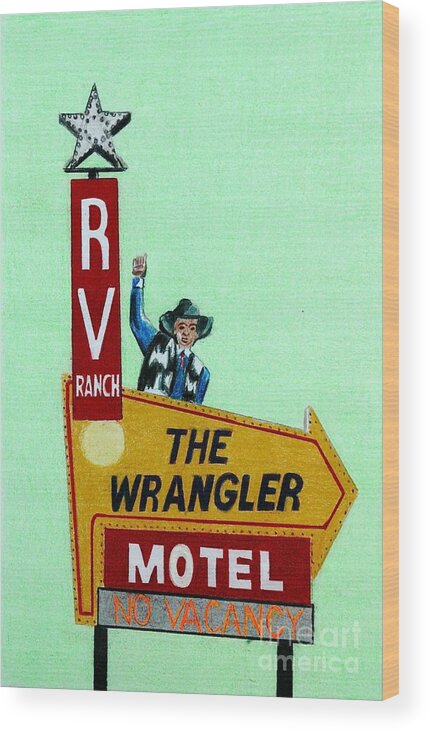 Vintage Wood Print featuring the drawing Wrangler Motel by Glenda Zuckerman