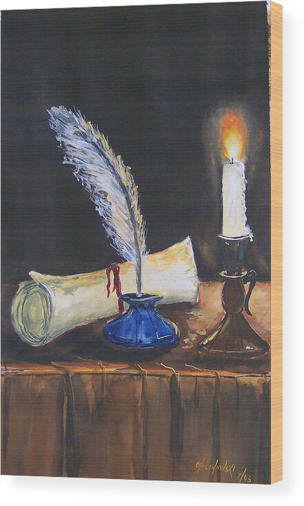 Writing Table Candle Candlestick Pen Inkstand Wood Print featuring the painting Writing Table by Miroslaw Chelchowski