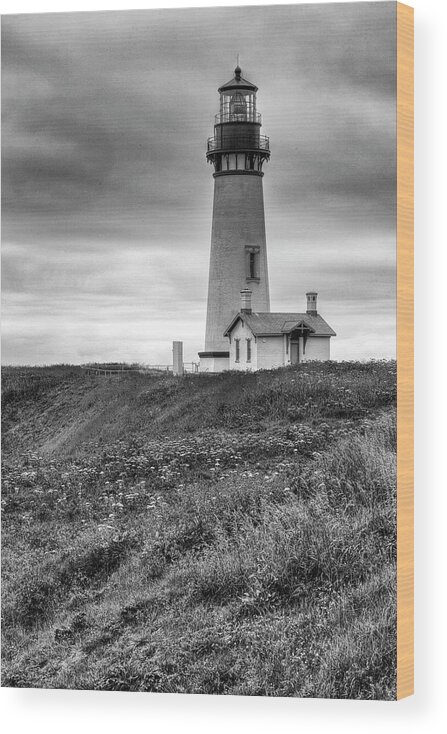 Oregon Wood Print featuring the photograph Yaquina Head Lighthouse - Monochrome by Harold Rau