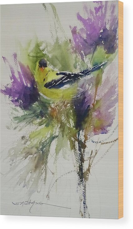Canary Wood Print featuring the painting Yellow Bird in the Thistles by Sandra Strohschein