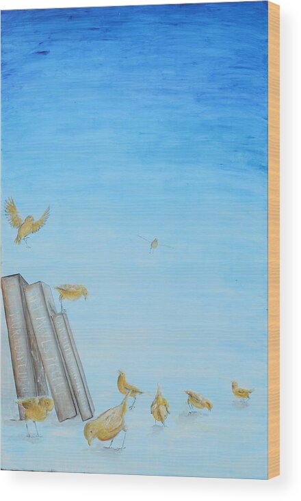 Canaries Wood Print featuring the painting Yellow Birds in the Blue3 by Nik Helbig