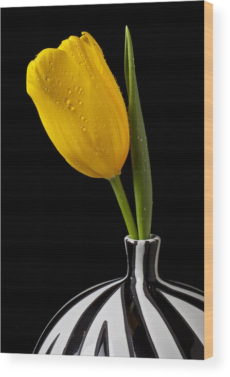 Yellow Wood Print featuring the photograph Yellow tulip in striped vase by Garry Gay