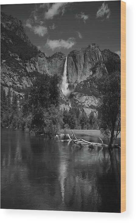 Yosemite Falls From Swinging Bridge Wood Print featuring the photograph Yosemite Falls from Swinging Bridge in Black and White by Raymond Salani III