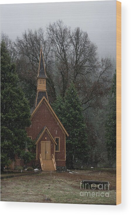 Spring Wood Print featuring the photograph Yosemite Valley Chapel Winter Storm by Wayne Moran
