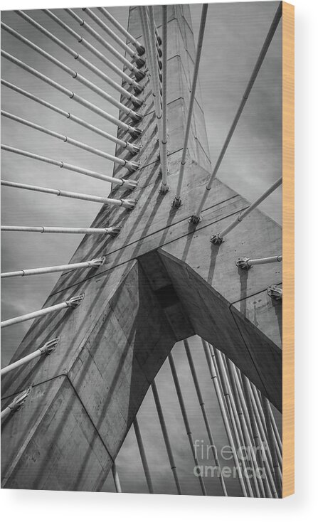 Urban Wood Print featuring the photograph Zakim Bridge in monochrome detail by Claudia M Photography