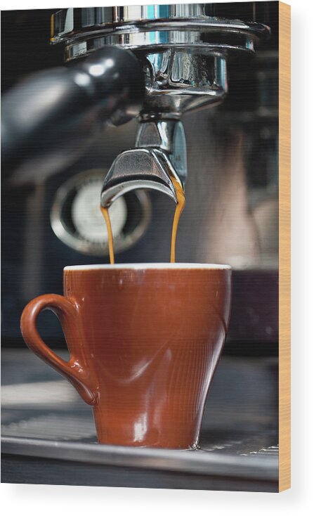 Berlin Wood Print featuring the photograph A Double Shot Of Espresso Being Poured #1 by Halfdark