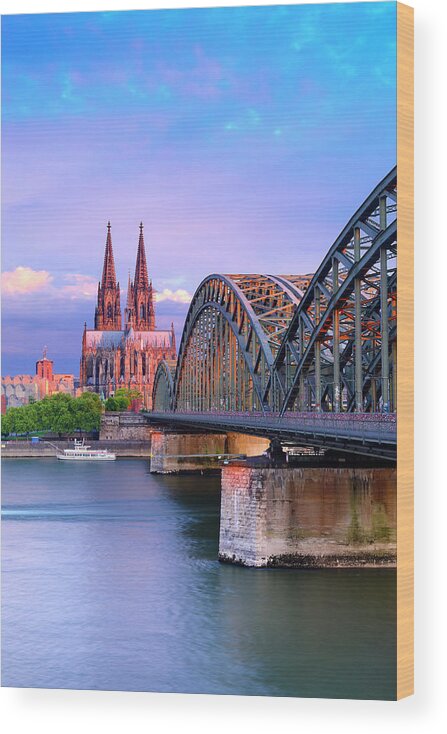 Estock Wood Print featuring the digital art Germany, North Rhine-westphalia, Cologne, Koln, Rhine, View Over Cologne City Center With Cologne Cathedral And Hohenzollern Bridge Over The Rhine River #1 by Francesco Carovillano