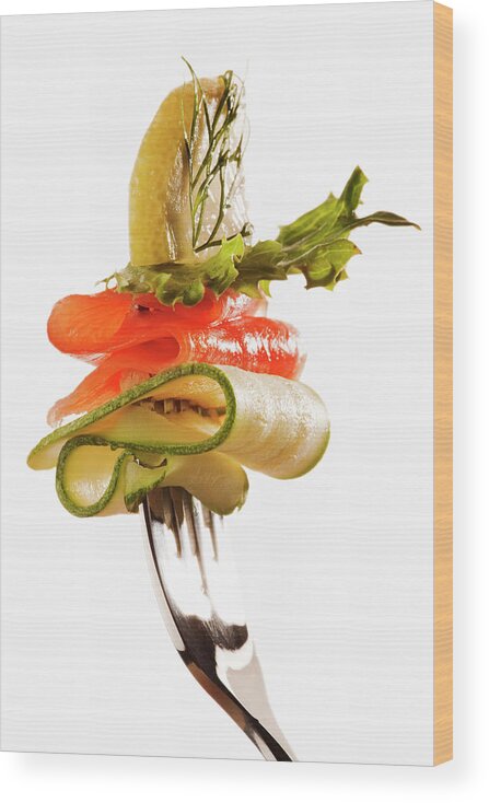 White Background Wood Print featuring the photograph Healthy Salmon Salad On A Fork #1 by Martin Harvey