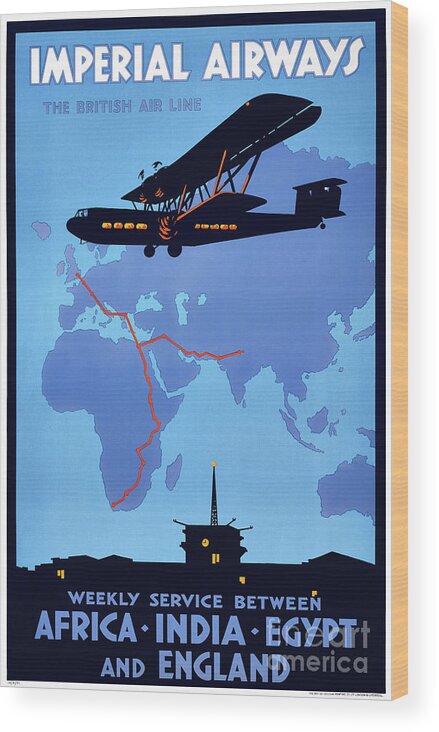 Vintage Wood Print featuring the drawing Imperial Airways Vintage Advertising Poster Restored #1 by Vintage Treasure