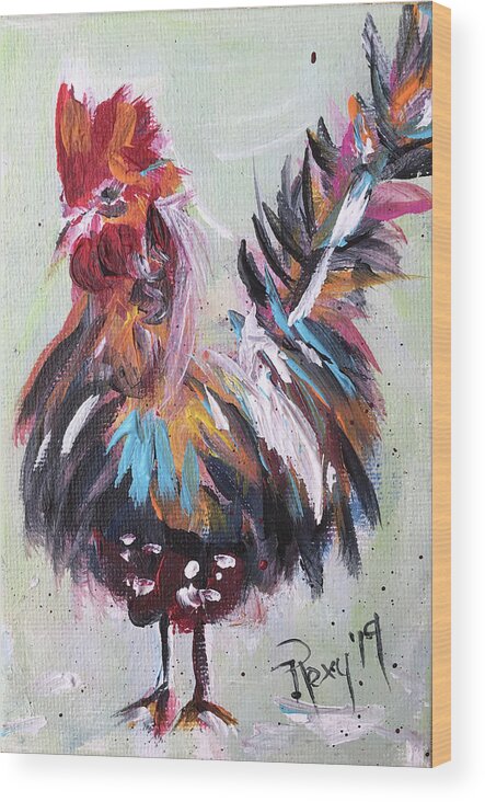 Rooster Wood Print featuring the painting Morning Fluff #1 by Roxy Rich