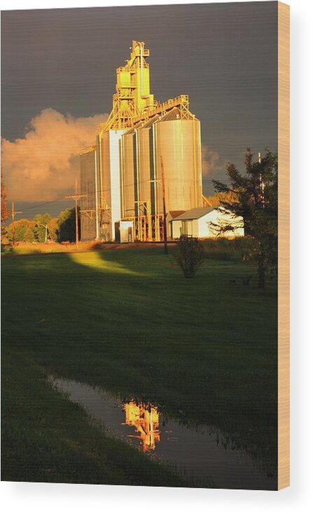 Surreal Farm Sunset Sunrise Wheat Fields Harvest Time Yellow Mellow Barns Shacks Pole Mamantus Clouts Elevator Storm Poss Tornado Rain Thunder Lightning Cornfield Bales Farm Ranch Trees Space Open Sky Land Ground Wood Print featuring the photograph Reflecting #1 by David Matthews