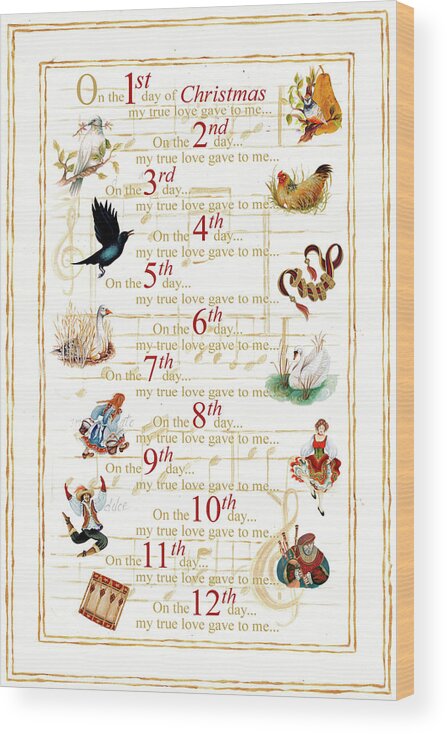 Partridge Wood Print featuring the painting 12 Days Of Christmas (vertical) by Janice Gaynor