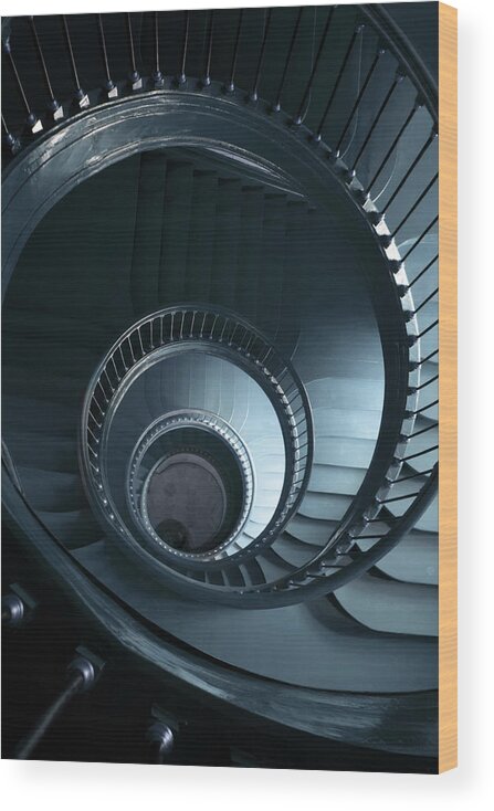 Architecture Wood Print featuring the photograph Blue spiral staircase #2 by Jaroslaw Blaminsky